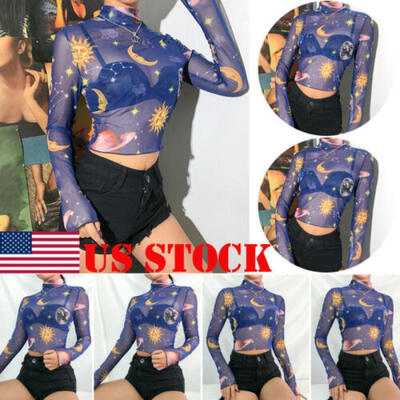 

Sexy Women Shirt Tops Long Sleeve Vest See-though Crop Top Bralette Blouse New