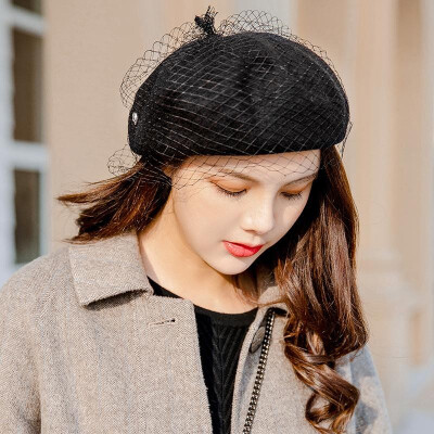 

Fashion Women Winter Mesh Beret Solid Color Letter  Adjustable Pumpkin Hat Vintage Elegant Painter Hat