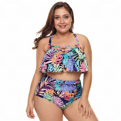 

Womens Swimwear print two-piece set gather high waist Plus Size swimwear