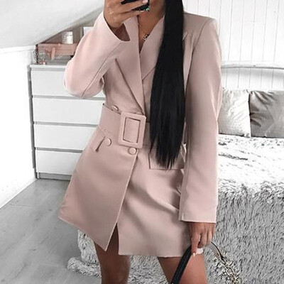 

Women Slim fit Solid Color Long Sleeved Lapeled Deep V Neck Coat Dress Office Work Wear suit Jackets with Belt