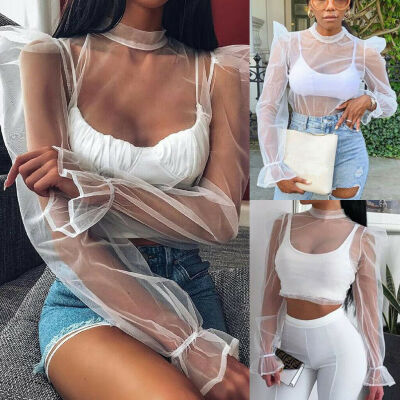 

Fashion Women Puff Long Sleeve T-shirt Tops Shirts See-through Sheer Mesh Blouse