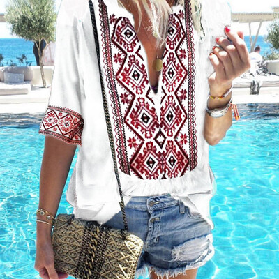 

Starmoon Women Ethnic Style Boho Half Sleeve V-Ncek Vintage Top T-Shirt Blouses