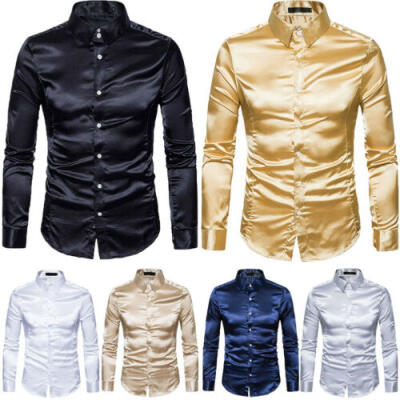 

Mens Satin Shiny Silk Feel Smart Casual Dress Wedding Casual Business Shirt Top