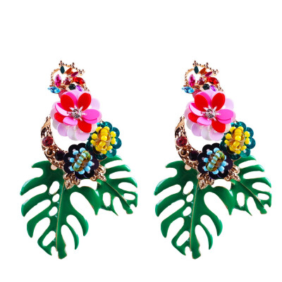 

Sequins Dangle Earrings with Rhinestone & Alloy Findings Flower&Leaf Golden Green 85x55mm