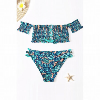 

Tropical Printed Sleeve Pleated Two-piece Swimwear One-necked Halo Split Swimsuit