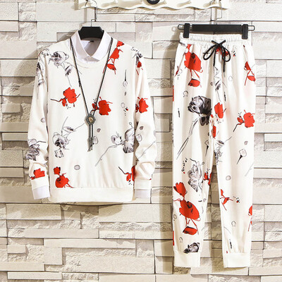 

Toponeto Mens Autumn And Winter Fashion Casual Wild Print Sweater Suit