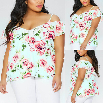 

Starmoon Fashion Women Plus Size Chiffon Foral Print Ruffles Caims Cold Shoulder Top Tee