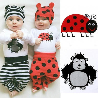 

0-18M 3PCS Set Newborn Baby Boys Girl Tops Rompers Long Pants Hat Outfit Clothes