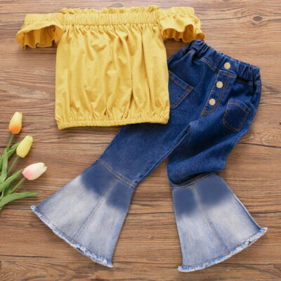 

USA 2pcs Toddler Kids Baby Girl Summer Off Shoulder Tops Pants Outfits Clothes