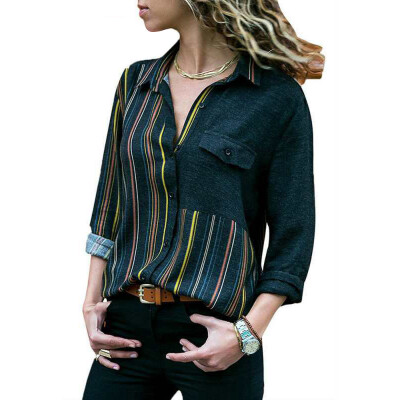 

Womens Lapel Collar Shirt Printed Button Down Tops V Neck Office Loose Blouse