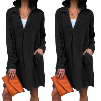 

Tailored Womens Pure Color V Neck Pocket Casual Long Sleeve Loose Dresses