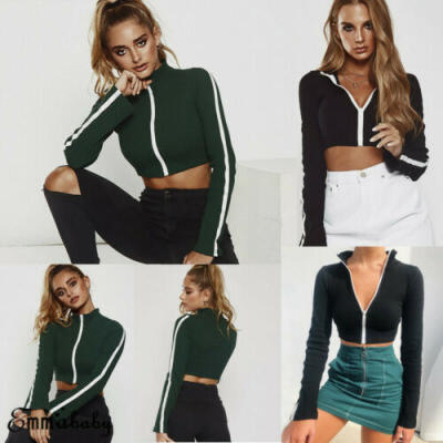 

UK Women Long Sleeve Crop Tops Pullover Zip Up Casual Blouse Lady Hoodies Jumper