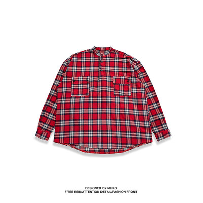 

MIJKO mens womens autumn&winter new plaid pullover button shirt men&women with the same paragraph high street neutral couple arc hem shirt