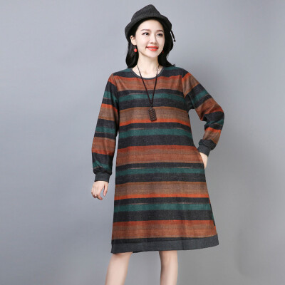 

Tailored Women Fashion Plus Size Folk-Custom Loose Floral Striped Cotton And Linen Dress