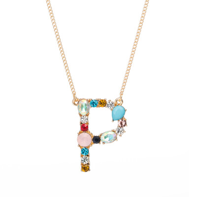 

A-Z Capital Letter Pendant Colorful Rhinestone Inlaid Women Necklace Jewelry