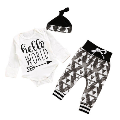 

Newborn Kids Baby Girl Boy Outfits Clothes Letter Romper TopsLong PantsHat Set