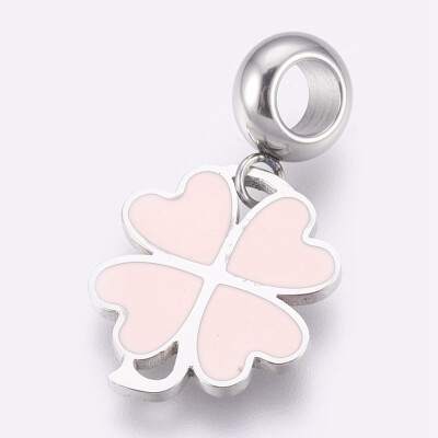 

304 Stainless Steel European Dangle Beads Large Hole Pendants with Enamel Clover Stainless Steel Color MistyRose 26mm