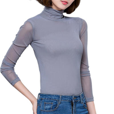 

Women High Neck Mesh Tops Solid Slim Sexy Thin Perspective Basic T-shirts