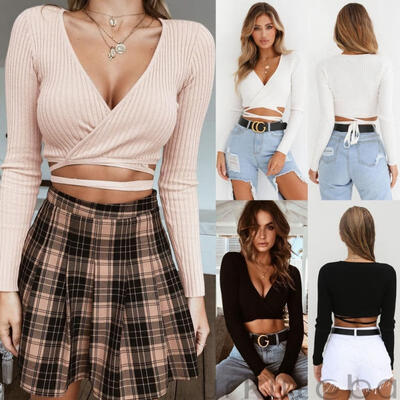 

Women Summer V-neck Long Sleeve Tops Tank Top Casual Crop Tops T Shirt Blouse