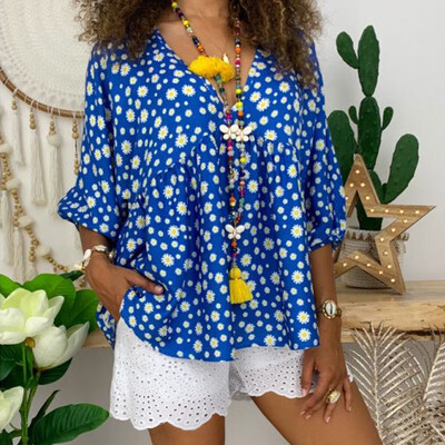 

Womens Summer Floral Print Tops V Neck 43 Sleeve Casual Shirts Plus Size Blouse