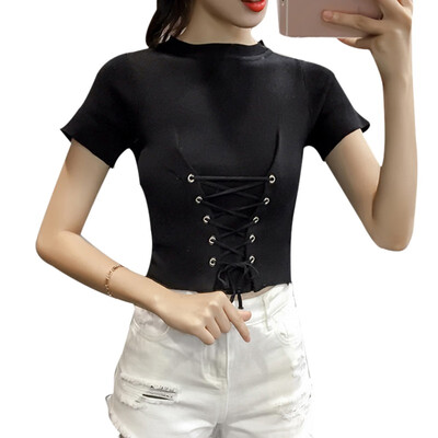 

Women Solid Short Sleeve Slim T-Shirt O Neck Lace Up Lady Sexy Tops Knitted Basic Tshirt Casual Female Tee Tops