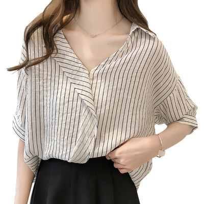 

2019 new Korean version of the ruffled striped shirt Womens loose half-sleeved shirt Wild Thin shirt