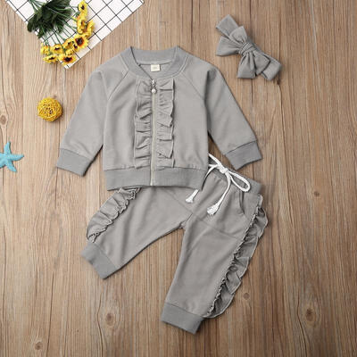

Toddler Kid Baby Girl Autumn Winter Frilled Zipper Clothes Long Sleeve Coat TopsPants Outfits