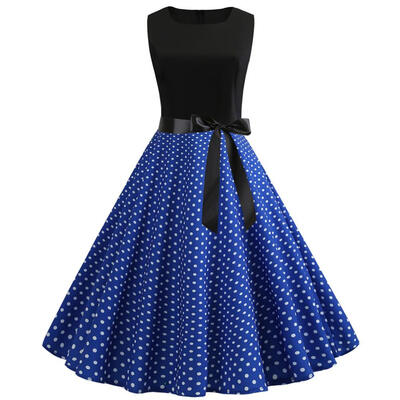

Vintage Sleeveless Dot Print Bandage Dress Women O-neck Tunic Swing Dresses