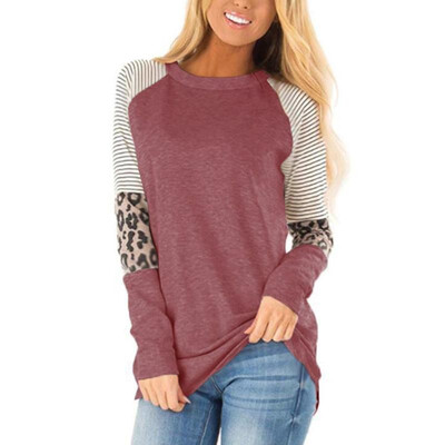 

Fashion Women Autumn Splicing Longline T-Shirt Striped Leopard Print O Neck Long Sleeve Casual Top