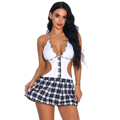 

Toponeto New Women Sexy Lingerie Tie Uniform With Thong Mini Skirt Suit Underwear -2XL