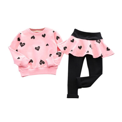 

Baby Girl Cute Cartoon Heart Print Casual Long Sleeve T-shirtPants Skirt 2Pcs Tracksuit Children Clothes Set
