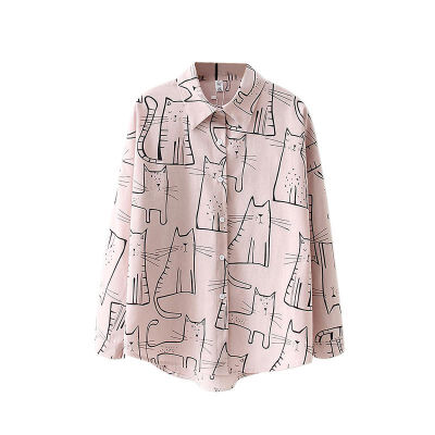 

Women Fashion Turn Down Collar Long Sleeve Shirt Blouse Shirt Cute Cat Print Loose Casual Blosues Cotton Tops Ladies Blusa