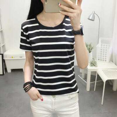 

Womens Fashion Short Sleeve Round Neck Stripe Casual Shirts Tops Blouse T-Shirt