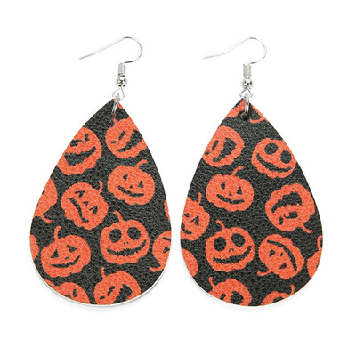 

guangxichuangshengxinfu 1 Pair Chic Halloween Skull Pumpkin Teardrop PU Leather Bohemia Dangle Drop Earrings