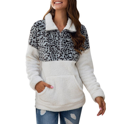

Women Winter Plush Sweatershirt Zipper Leopard Stitching Long Sleeve Casual Loose Fashion Sweatshirt
