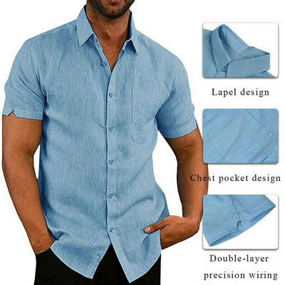 

Mens Casual Solid Shirts V Neck Linen Breathable Pullover Summer Wear Shirt Tops