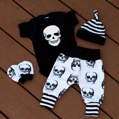 

Newborn Kids Baby Boys Skull Tops Romper Long Pants Hat 4Pcs Outfits Set Clothes