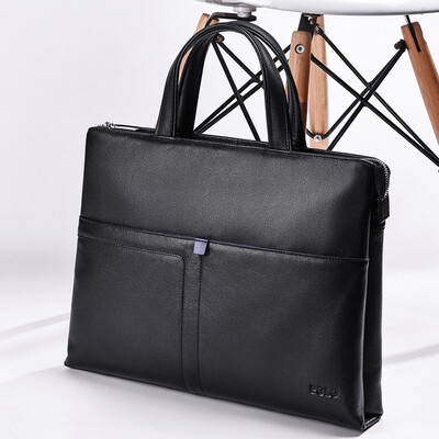 

POLO Briefcase Business Mens Casual Tote First Layer Leather Shoulder Messenger Bag Computer Bag ZY042P153J Black