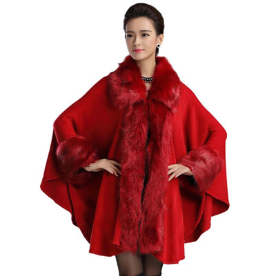 

Fashion Women Furry Cape Knit Wrap Scarf Shawl Cape Coat With Luxury Faux Fur Collar Sweater Plus Size 2019