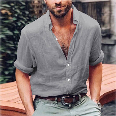 

Mens Linen Long Sleeve Shirt Summer Cool Loose Casual V-Neck Shirts Tops -3XL