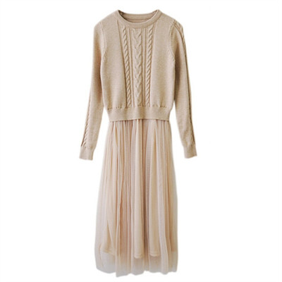 

Dress 2018 spring&autumn wear new womens Korean long-sleeve knitted sweater false two in the bottom of the long net gauze