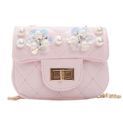 

PU Leather Diamond Pattern Kids Girls Messenger Shoulder Bags Pearl Flowers