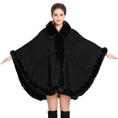 

Women Furry Cape Fashion Knit Wrap Scarf Shawl Cape Coat With Luxury Faux Fur Collar Coats
