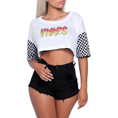 

Letter Short-sleeved T-shirt Female Black And White Plaid Stitching Navel Print Short Short-sleeved T-shirt Loose Top