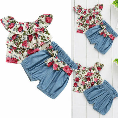 

Newborn Kid Baby Girl Floral Flying Sleeve T-shirt Bowknot Short Sunsuit 2pcs