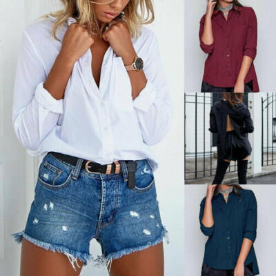 

Women Fashion Long Sleeve Office Lady Open Back Blouse Button T-Shirt Ladies Top