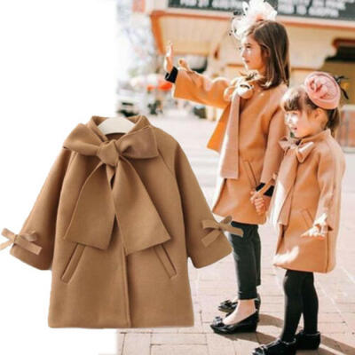 

Toddler Kids Baby Girls Winter Warm Trench Wind Coat Wool Outerwear Bow Jacket