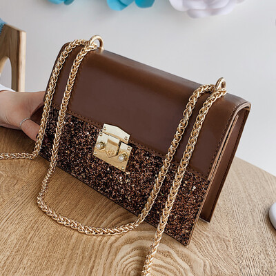 

Women 2019 new Korean version of fashion sequins lock 100 lap quality feeling single shoulder slanting small square bag