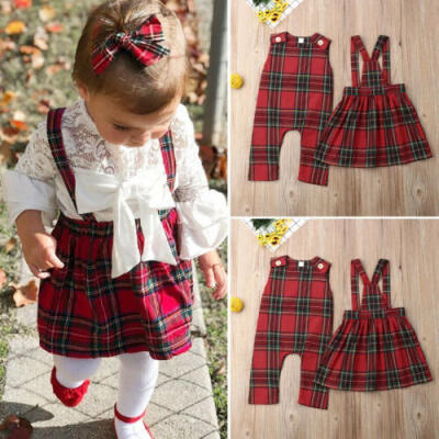 

US Christmas Sister Match Xmas Clothes Romper Strap Dress Baby Girl Plaid Outfit