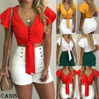 

Womens Sexy V Neck Fashion Short Crop Tops Short Sleeve Cami Vest Blouse Shirt